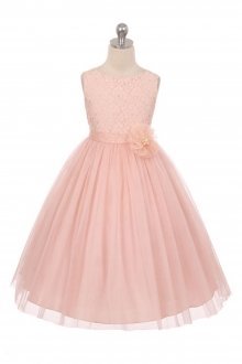 Blush Sleeveless Lace Detailing Flower Girl Dress with Overlay Tulle Skirt